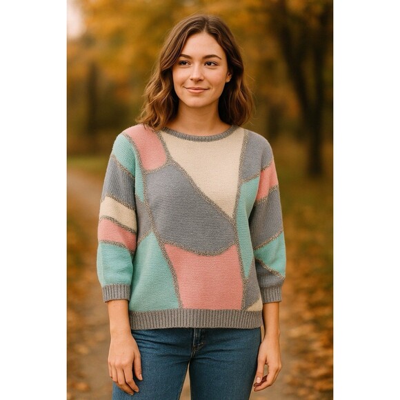 Vintage 80s Pastel Abstract Colorblock Sweater Patchwork Cozy Retro Boxy Sz Lg - Picture 2 of 8